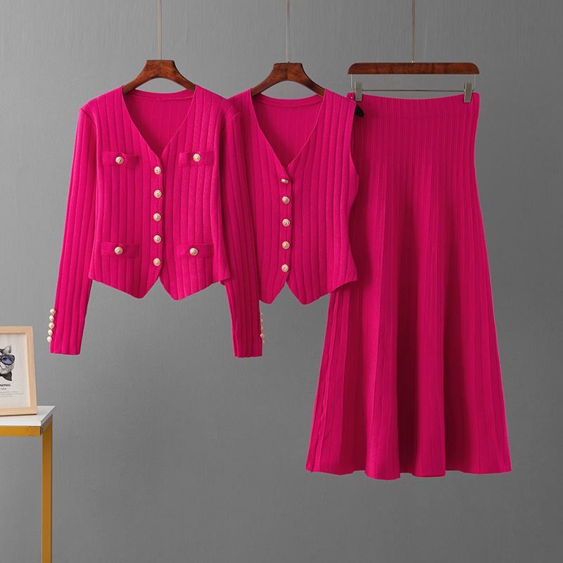 Cross-Border Russian Autumn and Winter New Knitted Cardigan Skirt Three-Piece Set Casual Fashion Short Skirt Pit Strip Suit for Women