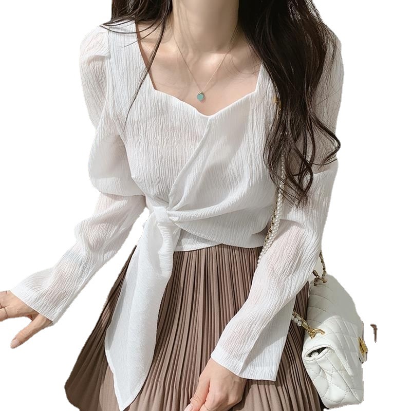 Picture of Korean chic Autumn Vintage Slimming Square Collar Irregular Lace-up Irregular Design Loose Long Sleeve Shirt Top