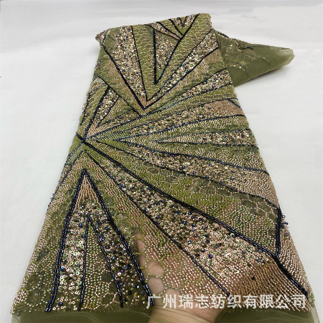 French Radiation Stripesd Two-Color Sequin Bead Tube Embroidery Fabric African Bridal Dress Banquet Fishtail Skirt Embroidered Fabric