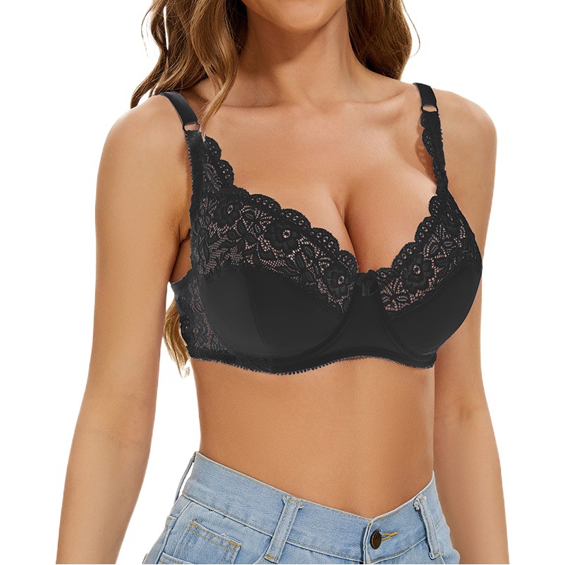 Foreign Trade Cross-border Women's Large Size Bra Adjustable Large Chest Small Thin European and American Style Lace Underwear with Steel Ring