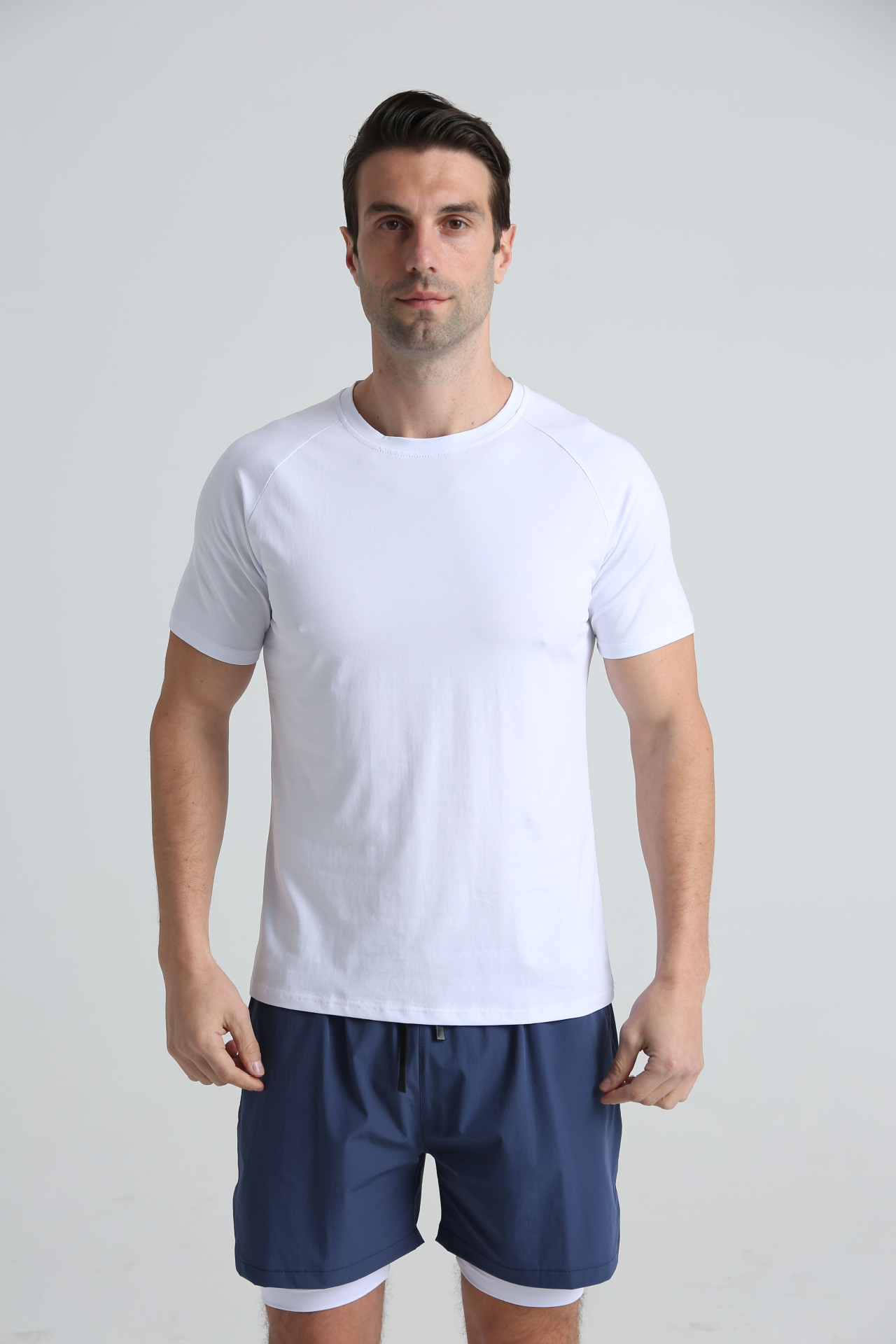 Picture of Summer European and American plus size sports fitness short sleeve men's cotton round neck solid color casual workout blank black T-shirt