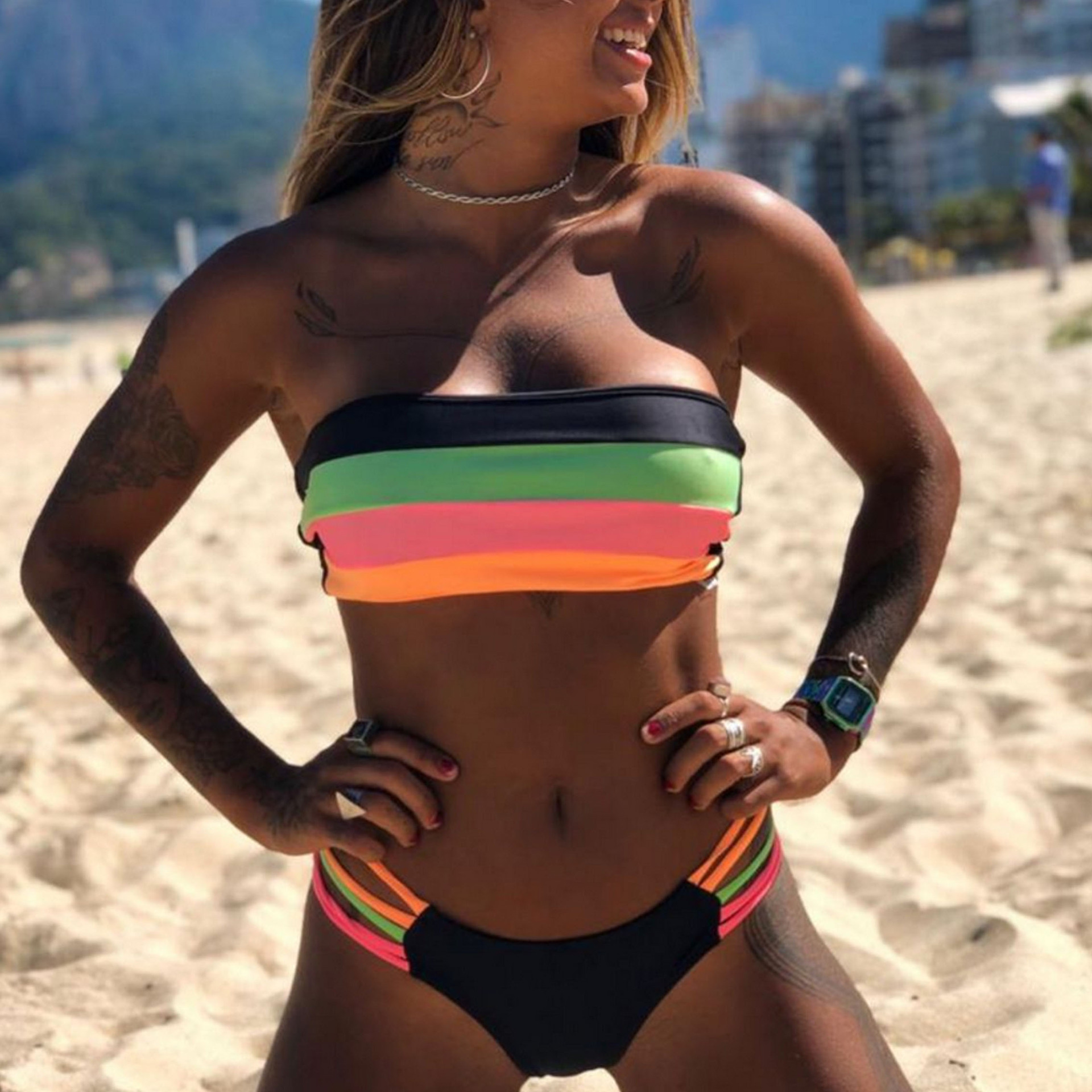 2022 New European and American Women's Swimsuit Foreign Trade Popular Sexy Split bikini Plain Cloth Stitching Striped Swimsuit