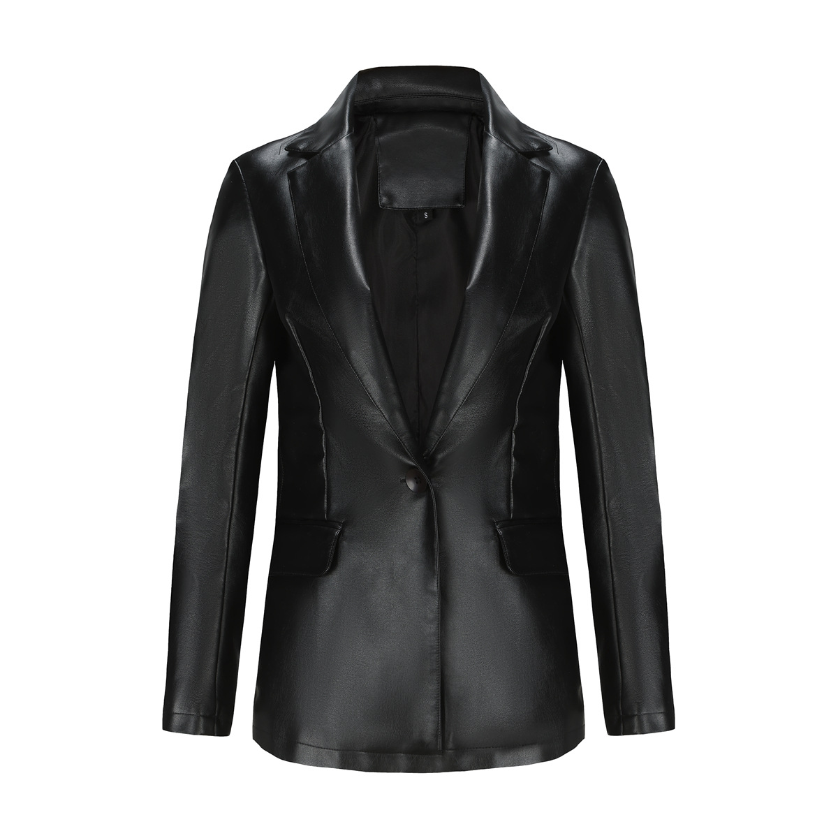 Picture of 2023 real shot new European and American small suit cross-border long sleeve coat women's single grain buckle commuter casual solid color leather coat