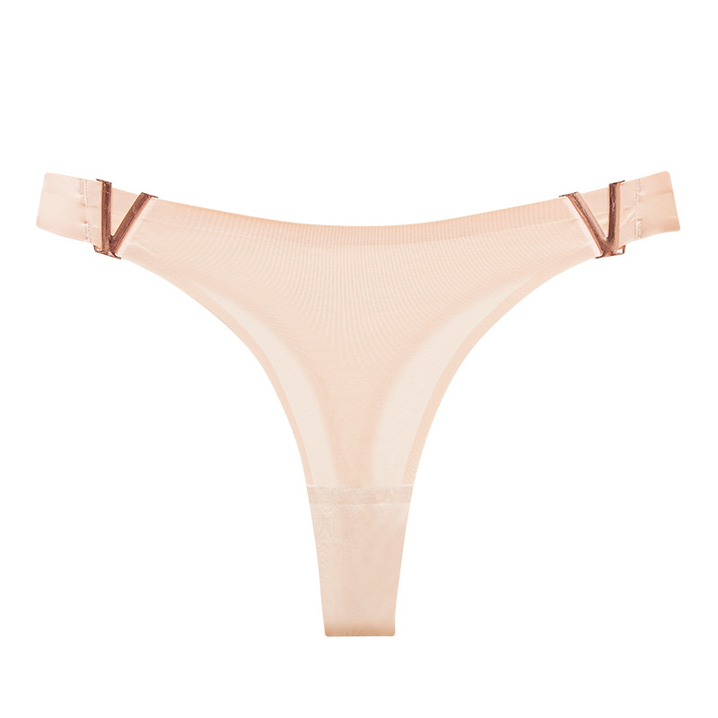 Picture of European and American sexy V-shaped metal thong ice silk underwear seamless hip lifting low waist high fork half sheath briefs for women