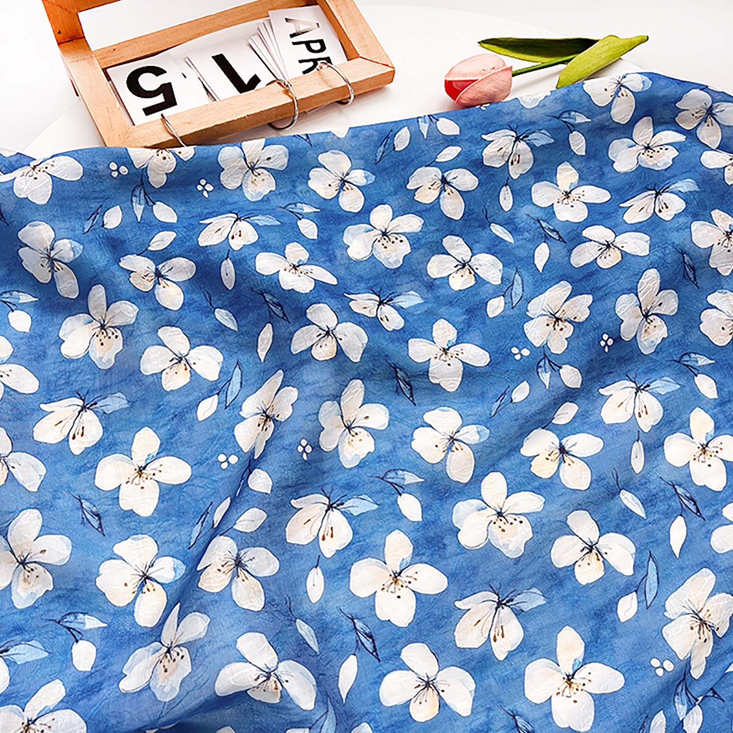 Picture of Tencel Jacquard Fabric with Blue Background and Pear Blossoms, 1.5m Width, New Chinese Style National Style Hanfu Cheongsam Dress Fabric