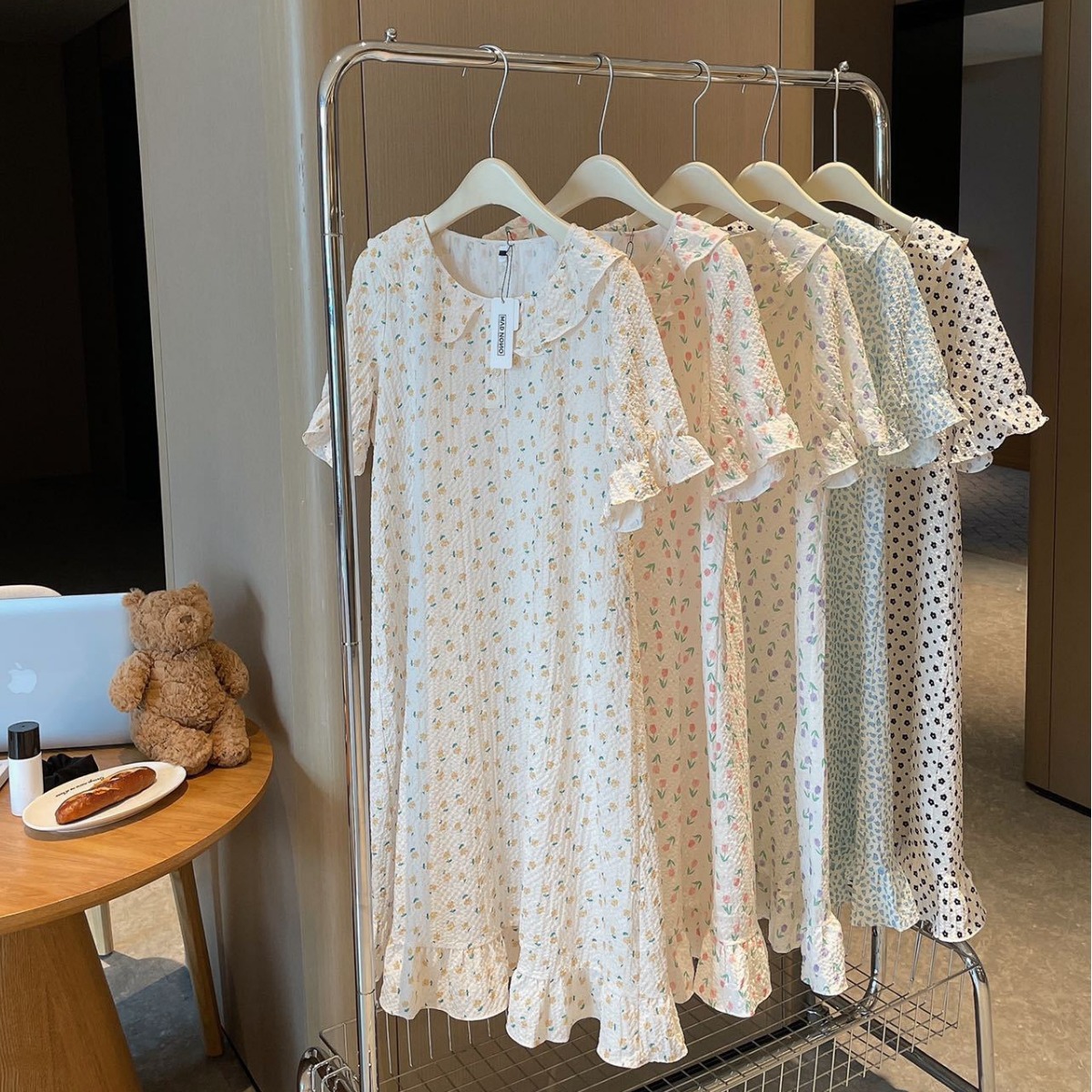 Spring and Summer Bubble Sand Nightgown Women's Korean-style Mid-length Dress Soft Princess Style Lace Short-sleeved Small Floral Home Clothes