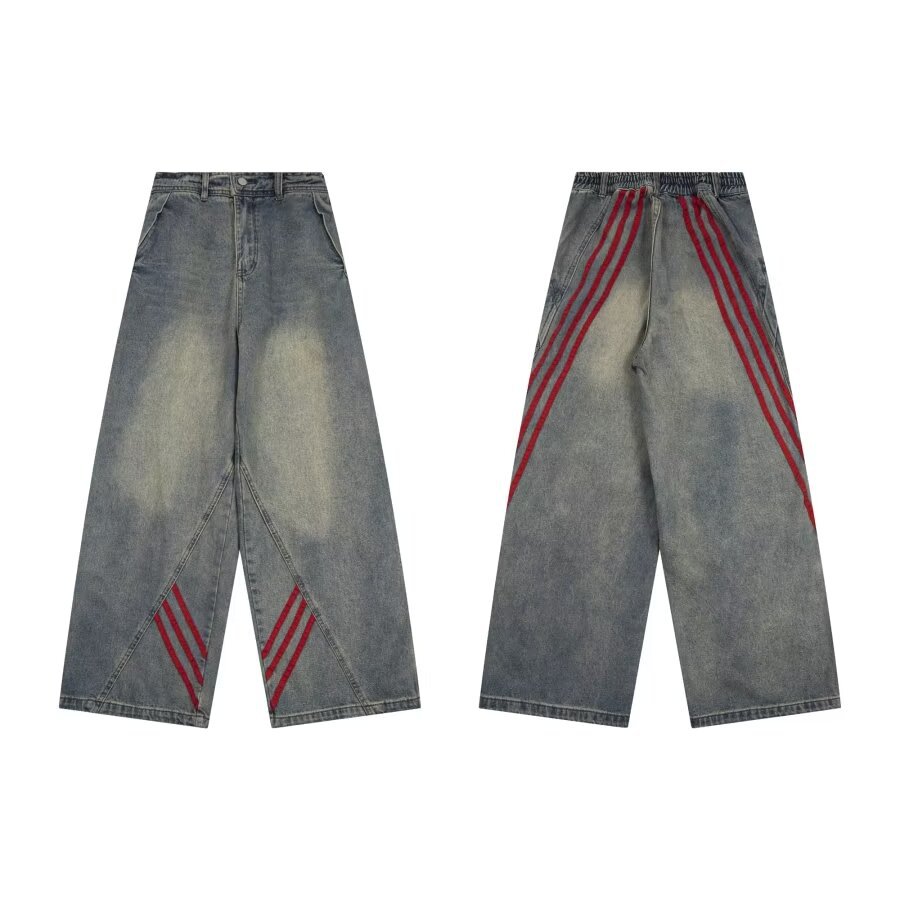 American Style Retro Striped Contrast Color Stitching Old Jeans Unisex Fashionable Straight Loose Tooling Wide Leg Pants