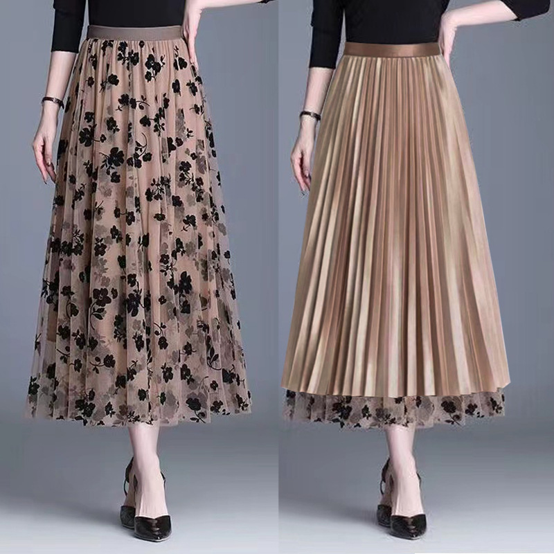 Picture of Double-sided Flocking Mesh Skirt Women's Slimming Mid-length New Spring High Waist A- line Skirt Pleated Skirt Large Swing