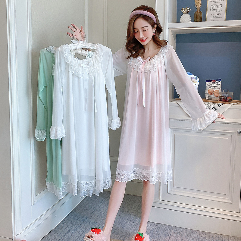 Pajamas Women's Spring and Autumn Nightgown Women's Lace Palace Style Pajamas Comfortable Long Sleeve Princess Style Korean Style Home Clothes Nightgown