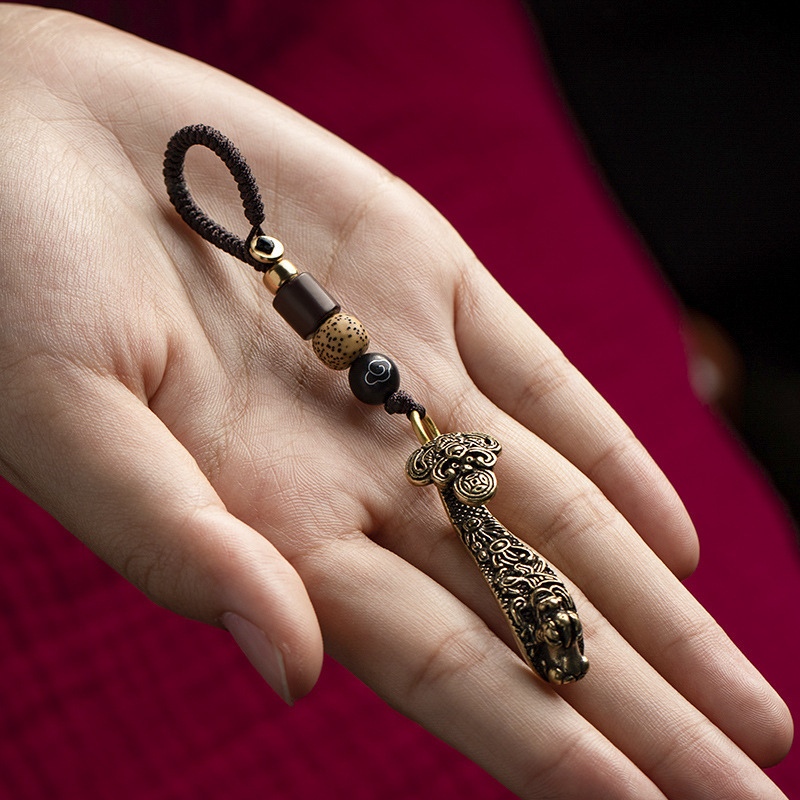 Pure Brass Car Keychain Pendant Everything Good for Everything Retro Pendant Rope Buckle Hand-woven Pendant