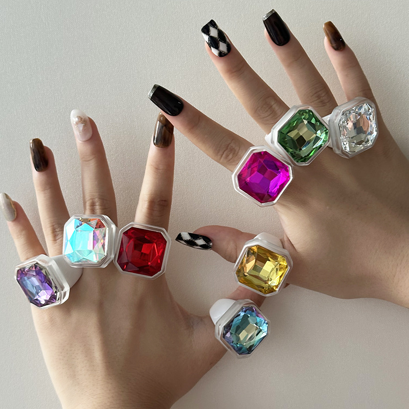 Cross-Border Hot-Selling DIY Accessible Luxury Flash Diamond Inlaid Octagonal Square Resin Ring Sports and Leisure Jewelry Popular New Product