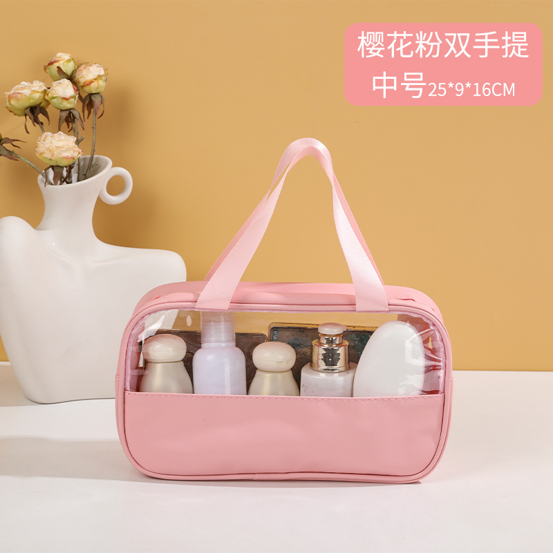 Picture of Transparent Toiletry Bag, Large Capacity Waterproof Portable Cosmetic Bag, Pu Splicing Bath Bag, Business Trip Travel Storage Bag, Portable