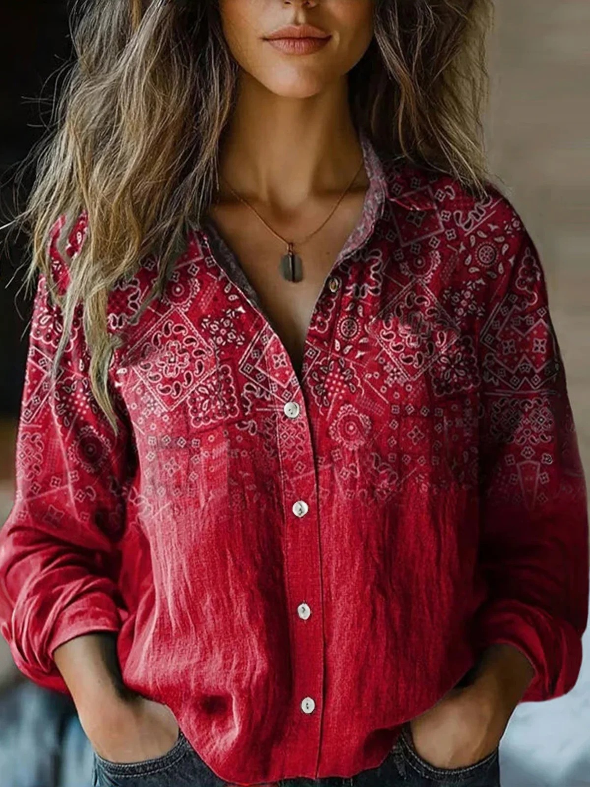 Picture of 2025 Cross-border European and American Foreign Trade Women's Spring and Summer New Retro Printed Long-sleeved Casual Shirt Imitation Cotton and Linen Shirt