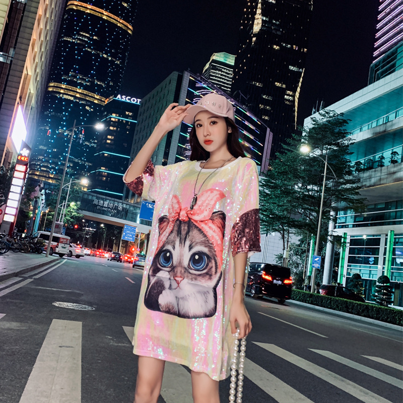 Heavy-duty Beaded Cartoon Cat Short-sleeved T-shirt Sequin bling Jacket Missing Street All-match Slimming Top Women's Fashion