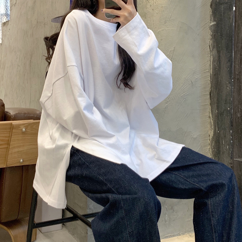 2025 Autumn Slit Solid Color Long Sleeve T-Shirt Women's Fashion Bottoming Shirt Korean Style Trbottomy Student Outerwear Loose Top
