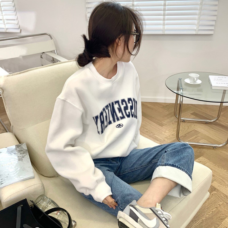 Thin Sweatshirt for Women 2025 Autumn New Korean Style Round Neck Letter Print Loose Student Top Jacket Women's Fashion