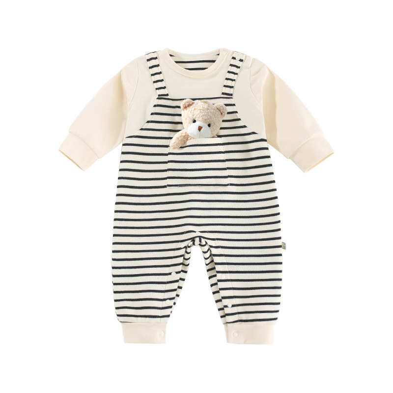 Picture of Striped strap doll bear four-season baby jumpsuit long-sleeved class A baby clothes newborn clothes climbing suit