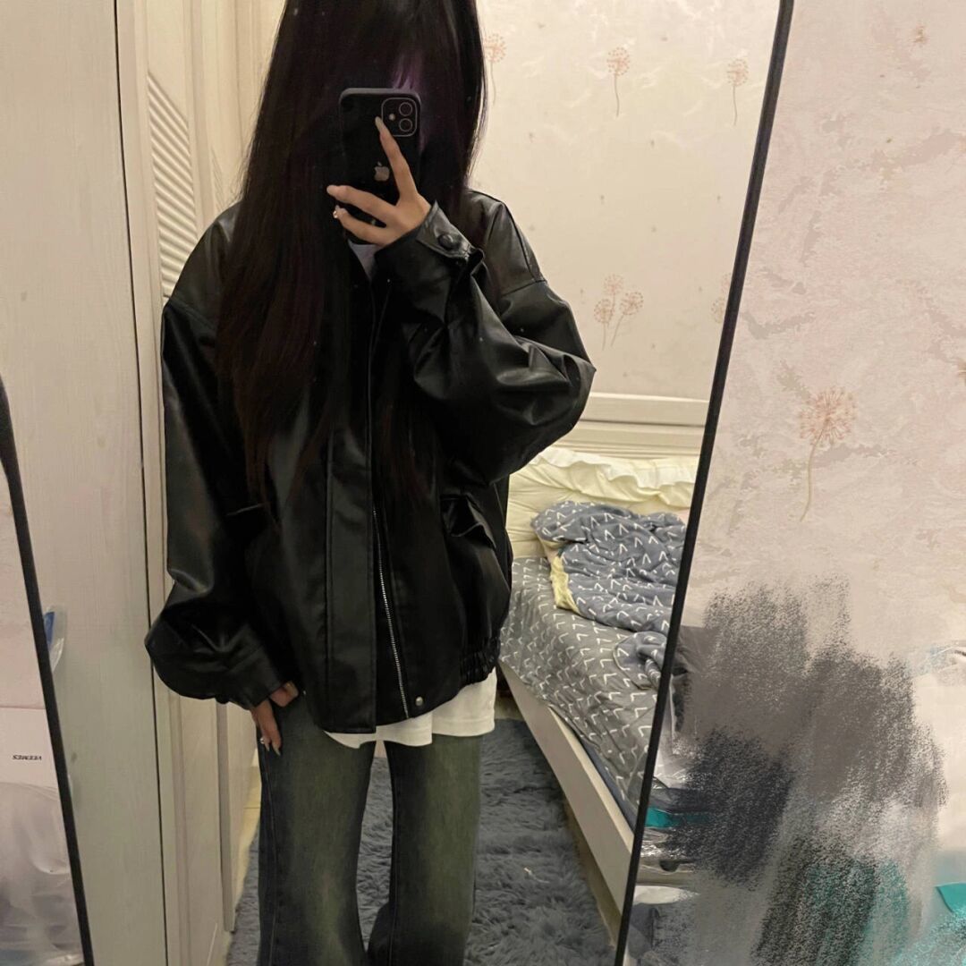 Picture of American Style High Street Vibe Style Coat Leather Jacket Women's Spring and Autumn Korean Style Laid-back Harajuku Loose PU Leather Biker Fashion