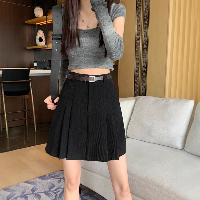 Corduroy Pleated Skirt Women's Autumn and Winter 2023 New High Waist Slimming A- line Short Skirt