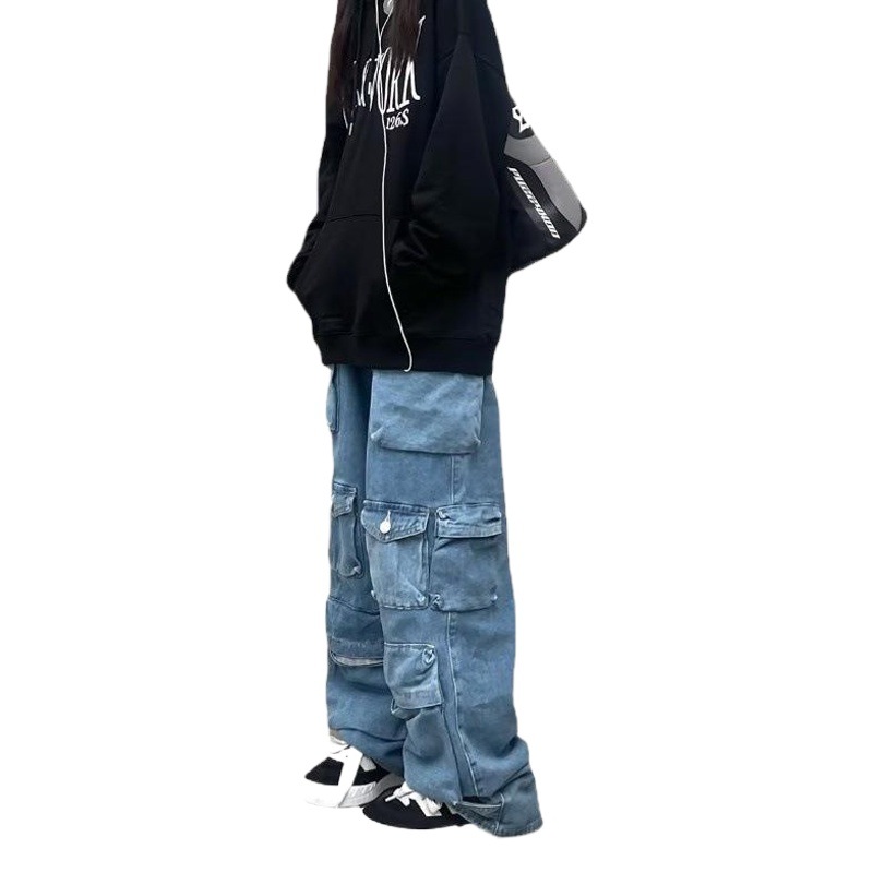 European and American Women's Clothing Amazon Women's Trendy All-match Jeans Zipper Light Color Washed Overalls Trousers Simple New