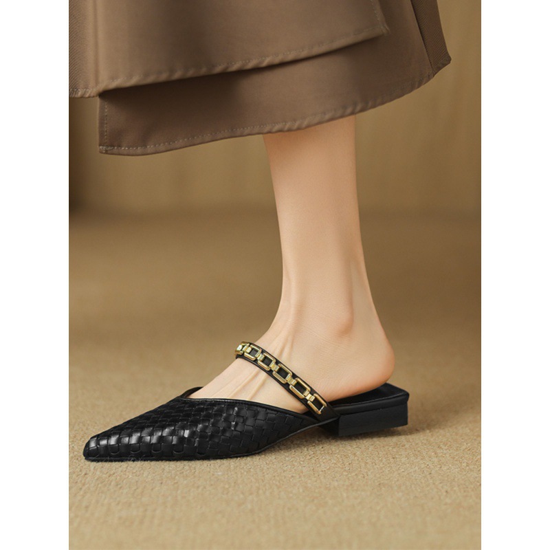 Vintage Baotou Flat Half Slippers Women's Summer Outer Wear Metal Chain Sandals and Slippers Pointed Low Heel Mueller Shoes