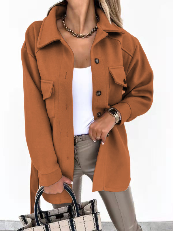 Picture of Europe and the United States cross-border autumn and winter lapel single-breasted thick solid color shirt wool loose coat female manufacturers direct supply