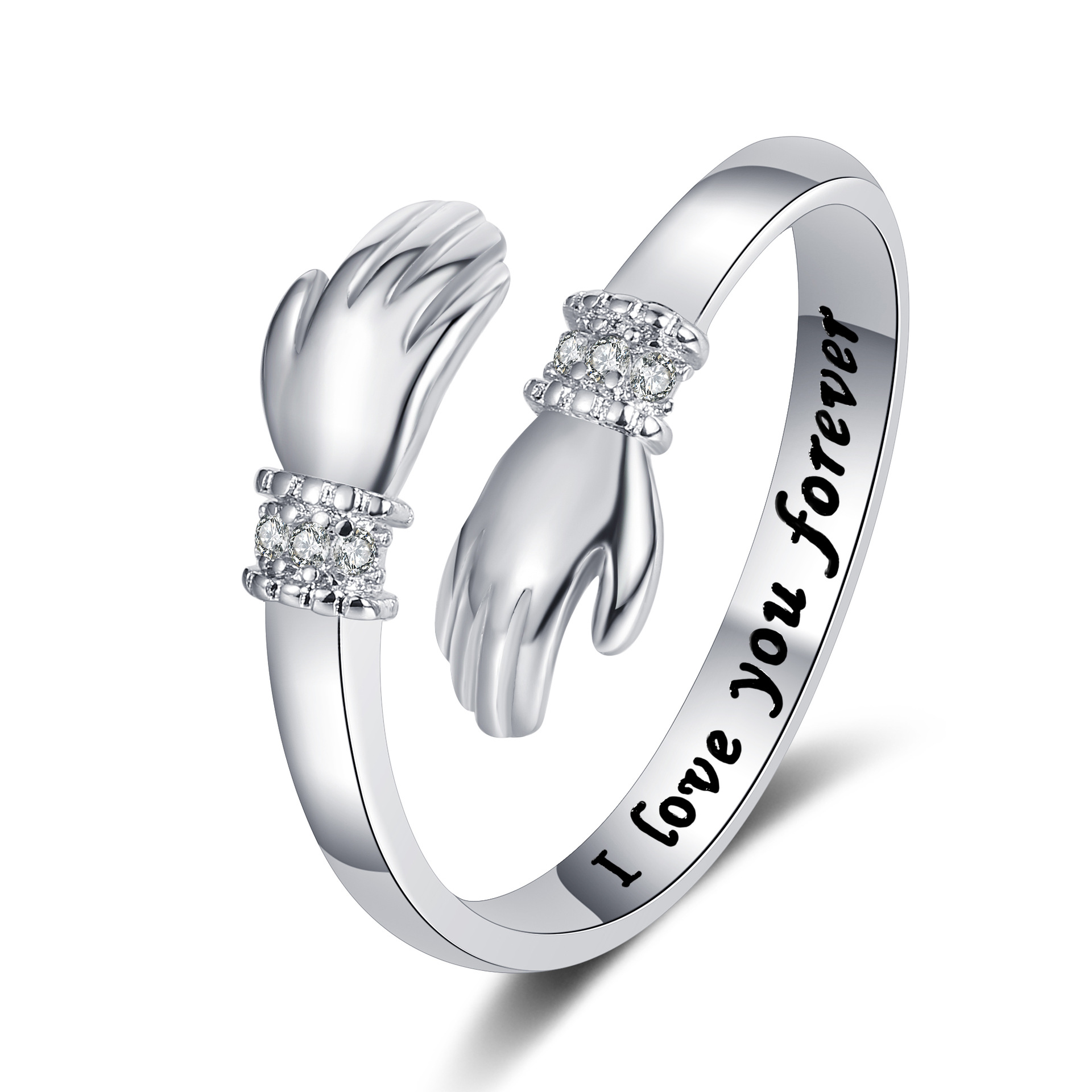 Picture of Europe and the United States creative love hug hands diamond ring women's lettering opening adjustable ring warm heart gift