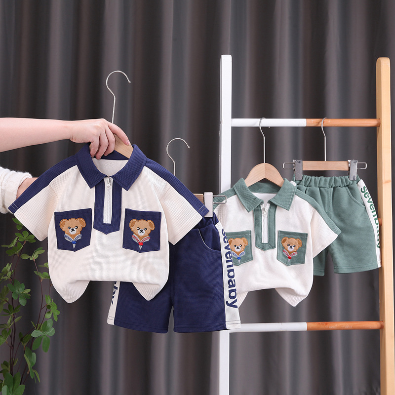 Boys' Summer Suit Korean New Children's Western Style Tape Bear Short-sleeved Two-piece Children's Summer Clothes Trendy