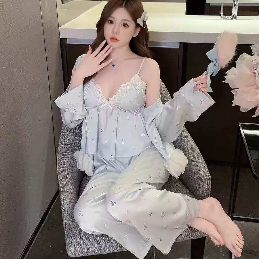 Pajamas Women's 2025 New Spring and Autumn Summer Sling Ice Silk Hot Silver Bow with Chest Pad Lace Home Clothes suit