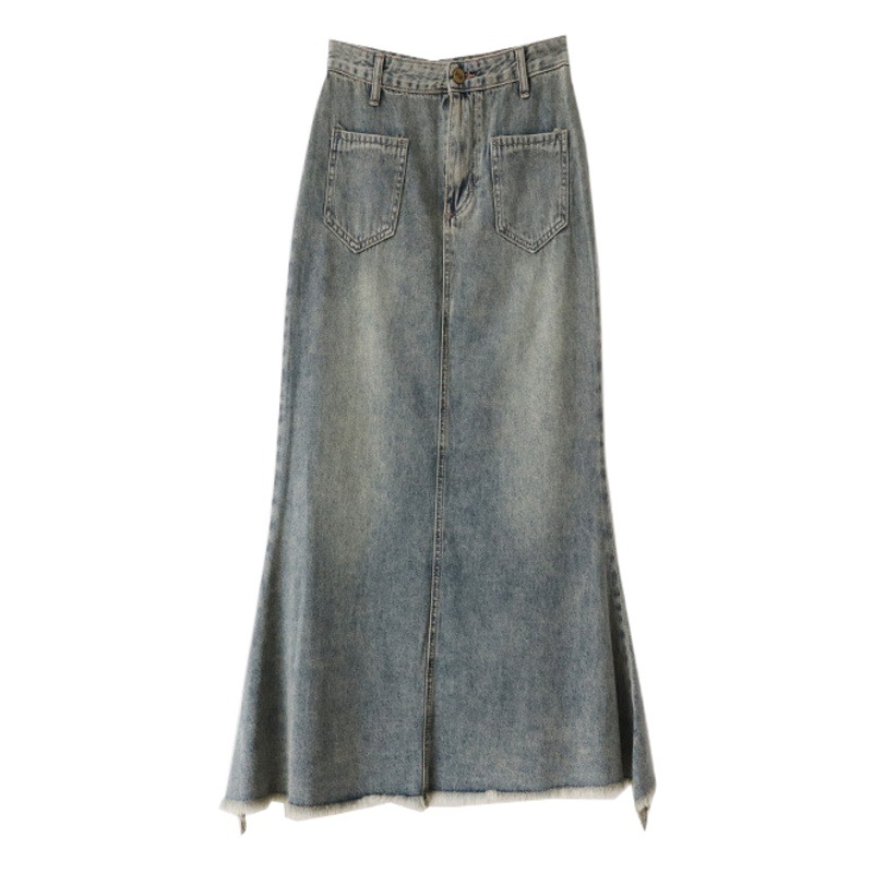 Half A-Line Denim Skirt for Women, Retro Ins Style, Internet Celebrity Raw Edge Design, Niche Hip-Hugging Skirt, Mid-Length Fishtail Skirt