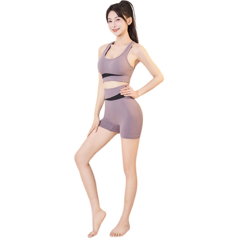 Cross-Border Peach Color-Blocked Yoga Clothing Set Quick-Drying High-Waist Hip-Lifting Fitness Suit Running Shock-Proof Sports Suit for Women