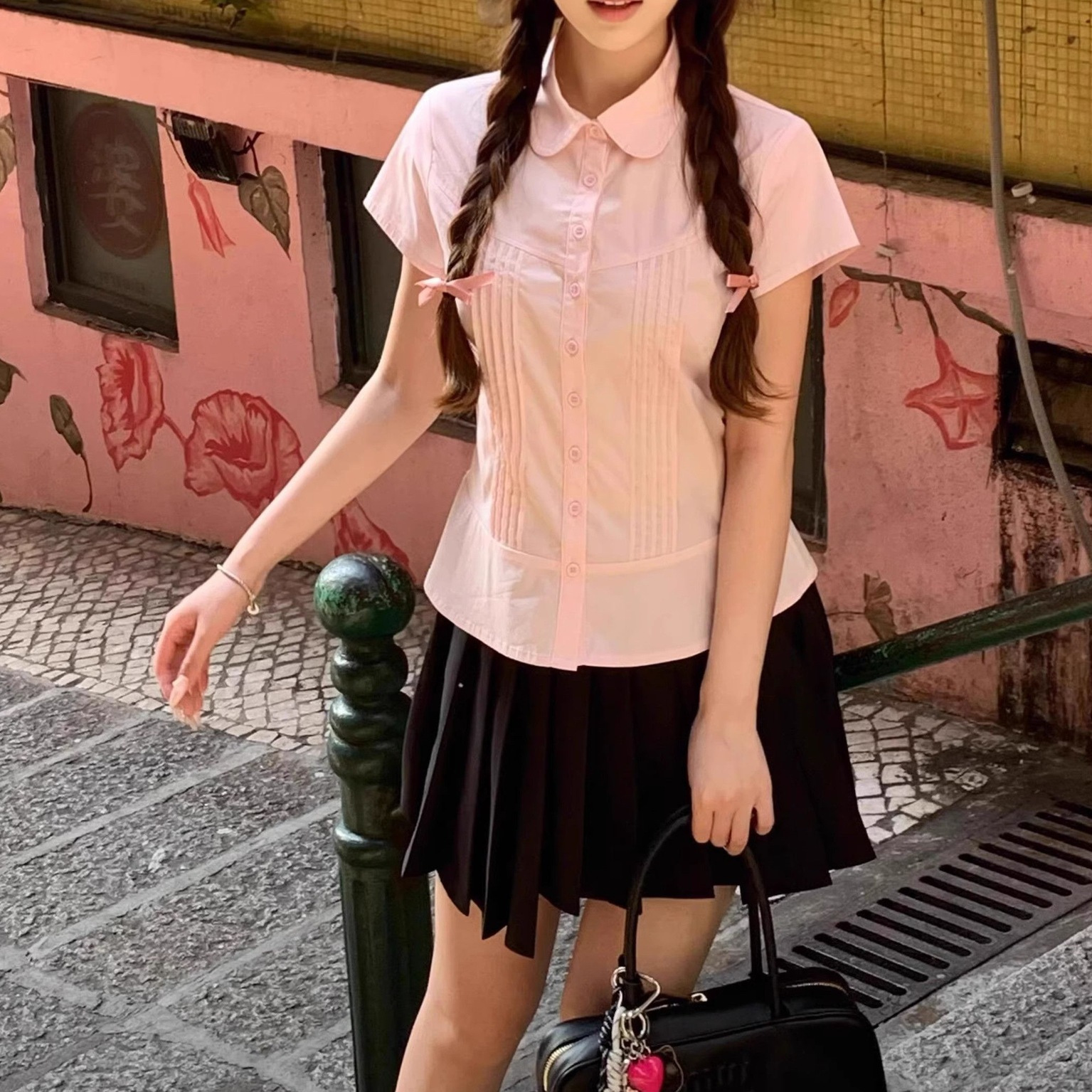 Picture of Pink Polo Collar Right Shoulder Short-Sleeved Shirt Women's Summer Slim Short Shirt Waist Half-Sleeved 2025 New Top