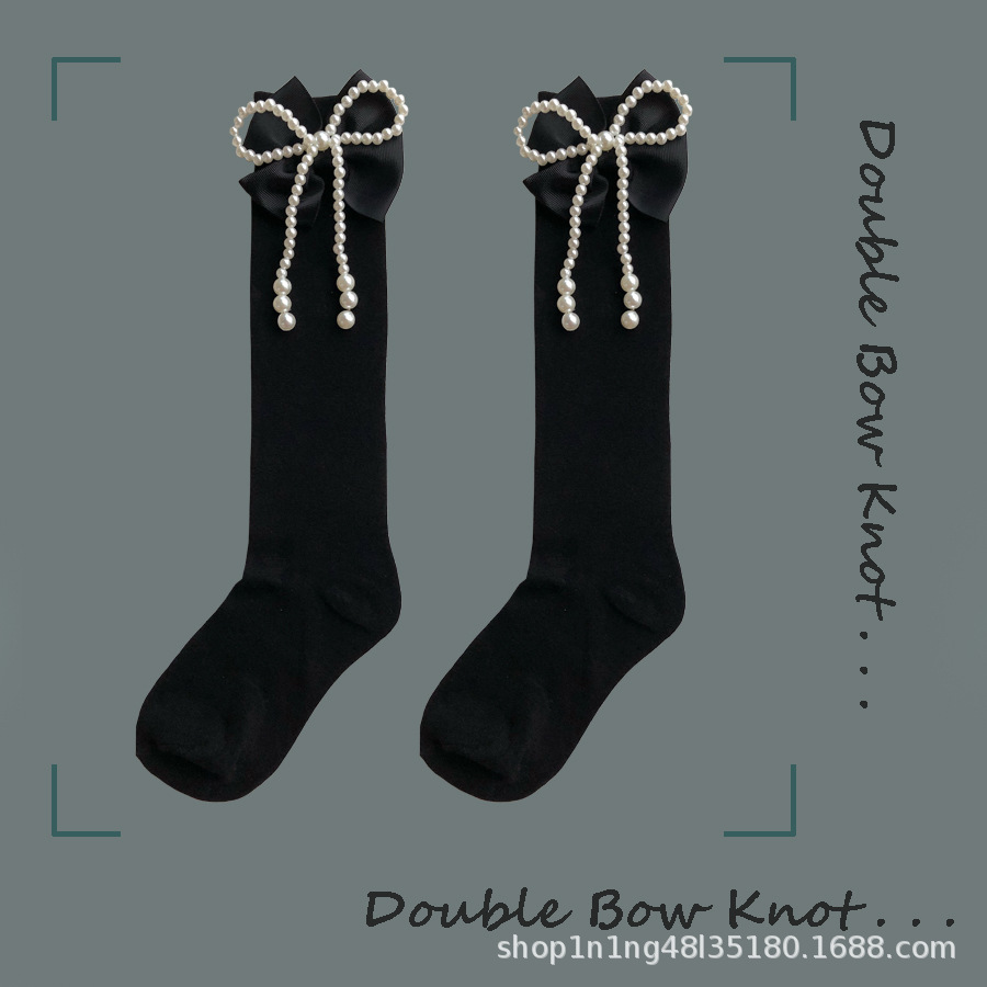 Autumn and Winter Xiaohongshu Influencer Picks Handmade Bow Pearl Calf Socks Pure Desire Jk Style Lolita Mid-Calf Socks Trendy