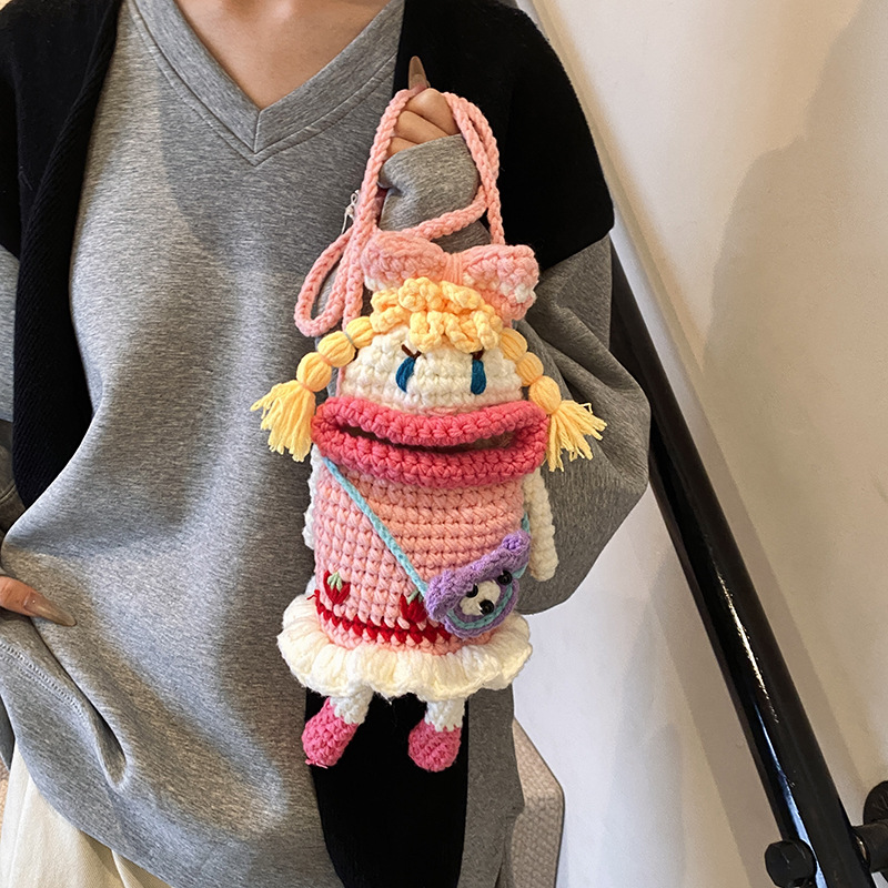 Picture of 2024 Big Mouth Mobile Phone Bag Handmade Woven Bag Crochet Wool Bag Creative Cute Bow Girl Satchel