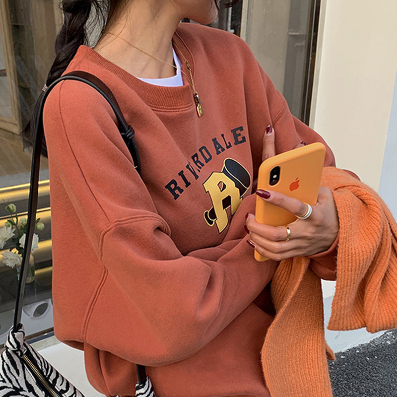 Velvet Loose Casual Sweatshirt Women's Autumn and Winter Outwear Vintage Round Neck Long-Sleeved Bottoming Shirt Top Export Korean Women's Clothing