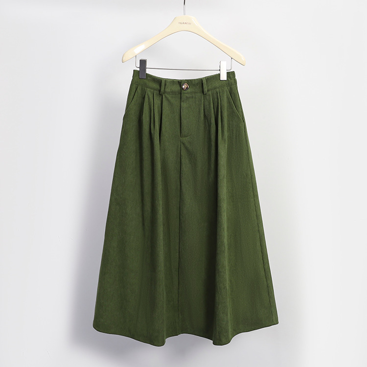 Picture of Maillard Retro Corduroy Skirt for Women, Autumn and Winter Khaki Casual Style with Belt, Mid-Length Pleated A-Line Skirt