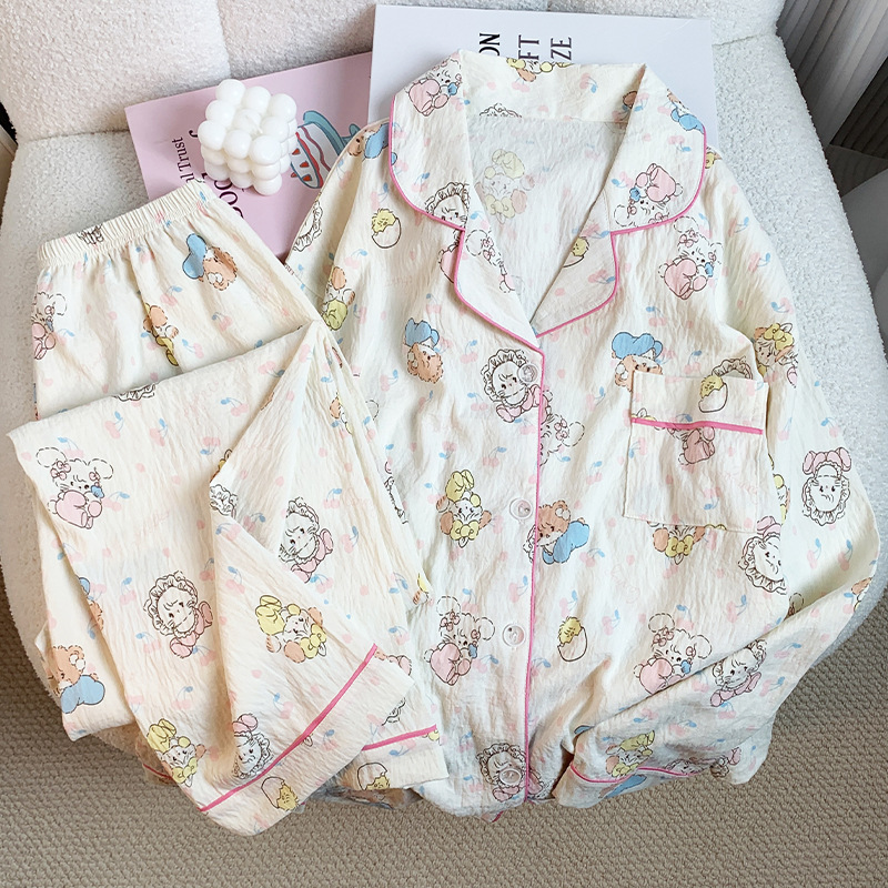 Japanese Cute Cat Printed Cloud Cotton Pajamas Women's Spring and Autumn New Long Sleeve Home suit Outer Wear Real Shot Wholesale
