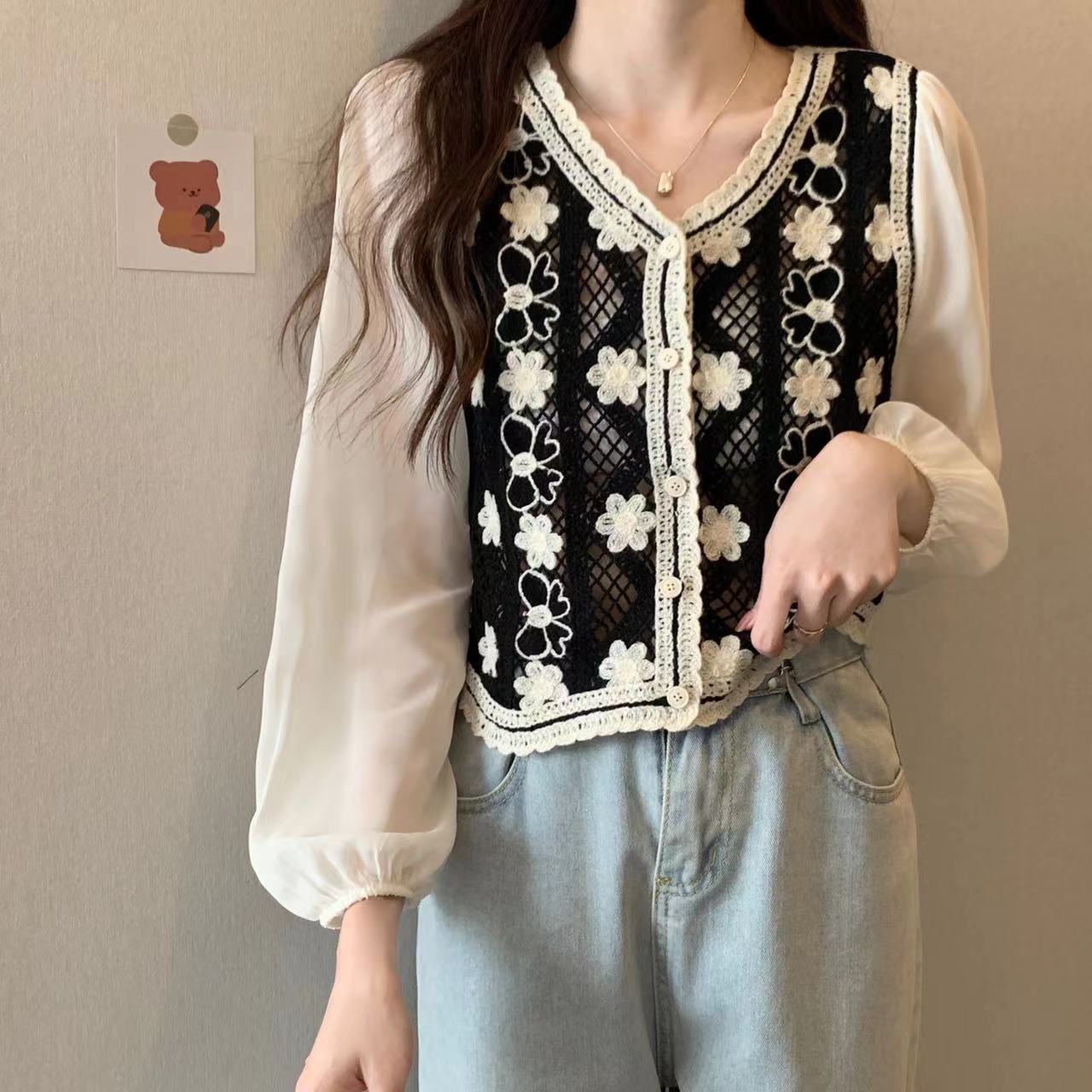 Picture of Spring poem ~ plus size retro Korean style personalized three-dimensional hollow-out knitted chiffon long-sleeved shirt for women