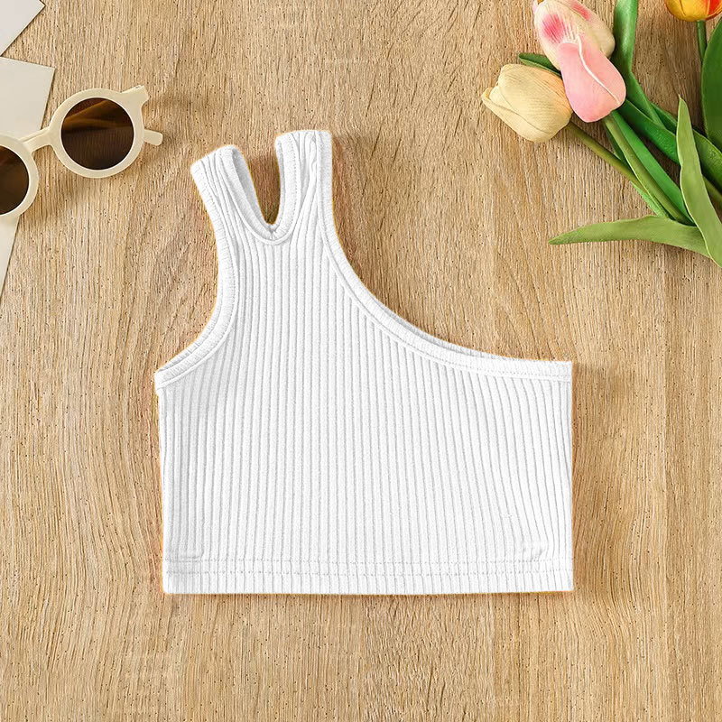 Cross-border Children's Wear Girl's Summer Vest 2024 New Foreign Trade Girl's Slant Shoulder Irregular Strap Hundred Tower Top