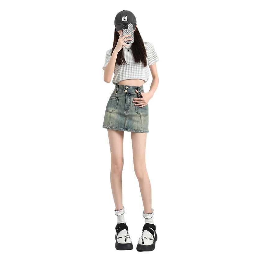 American Hot Girl Design Button High Waist Denim Skirt Women's Summer A-Line Lined Anti-Exposure Hip Skirt