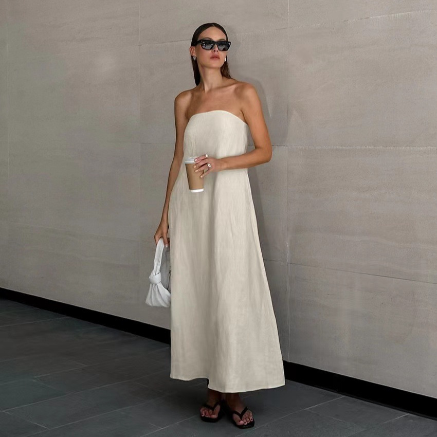Cross-border European and American Women's Clothing French Style Sexy Solid Color Cotton and Linen 2024 New Style Strapless Holiday Style High Waist Backless dress