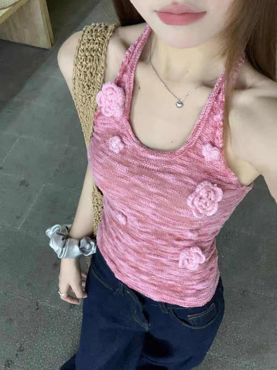 French Style Design Three-dimensional Flower Neck Hanging Design Camisole Women's Summer Hot Girl Outback Short Top