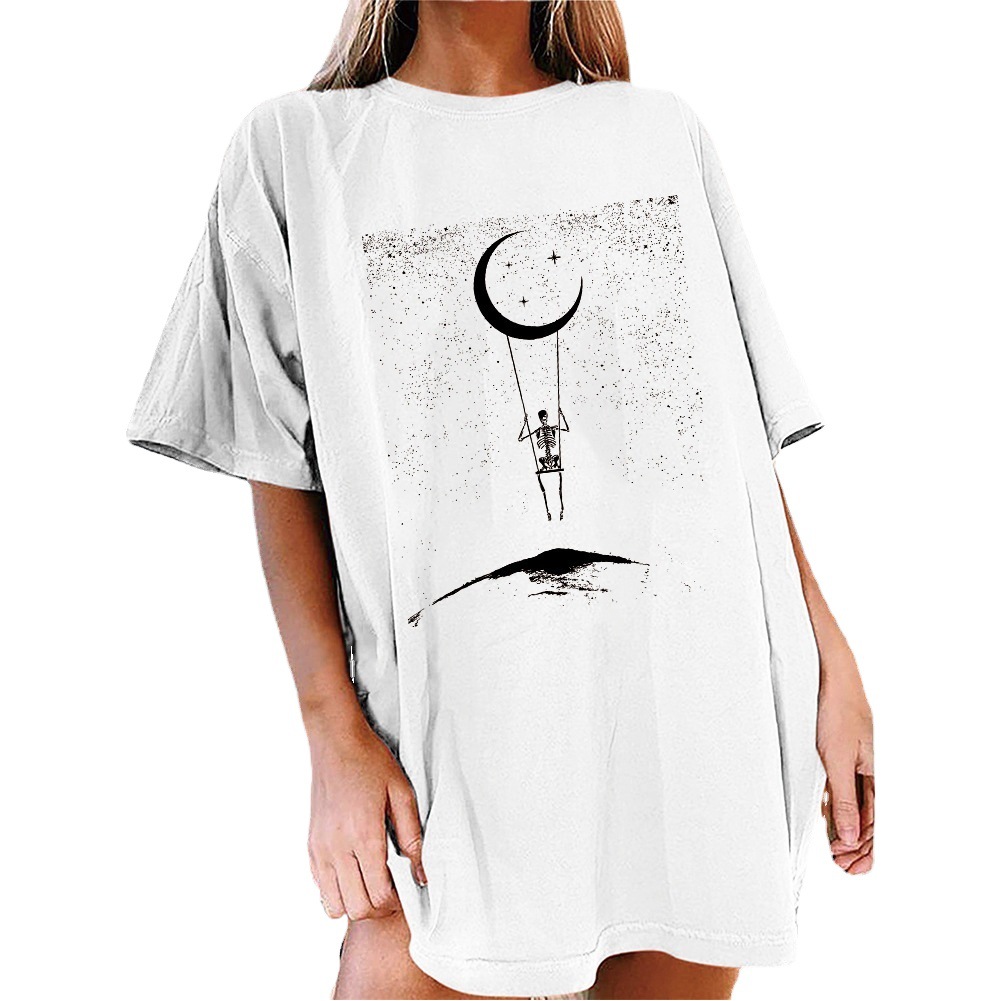 Cross-border new drop-shoulder T-shirt retro astronaut moon pattern women's fresh sweet pullover T-shirt
