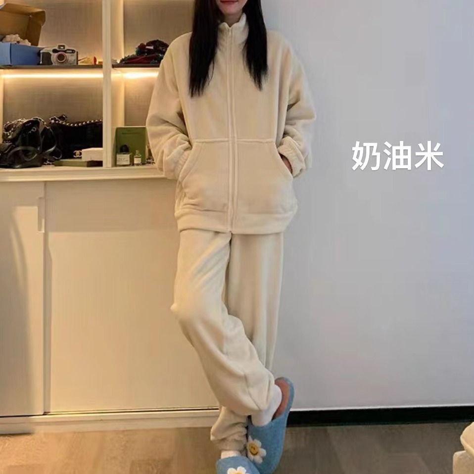 Casual Warm Home Clothes Set for Women Autumn and Winter Double-Sided Velvet Thickeneded Pajamas Winter Coral Velvet Long-Sleeved Two-Piece Set