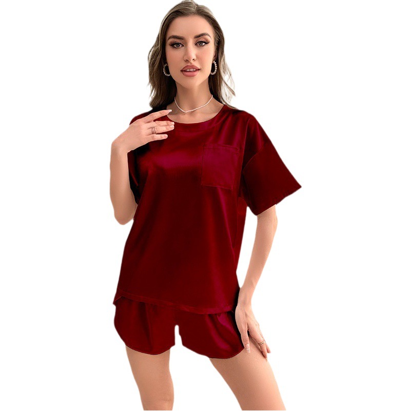 Yaoting Amazon Ice Silk Pajamas Women's Summer Solid Color Basic Short Sleeve Shorts Casual Women's Homewear Set 3157