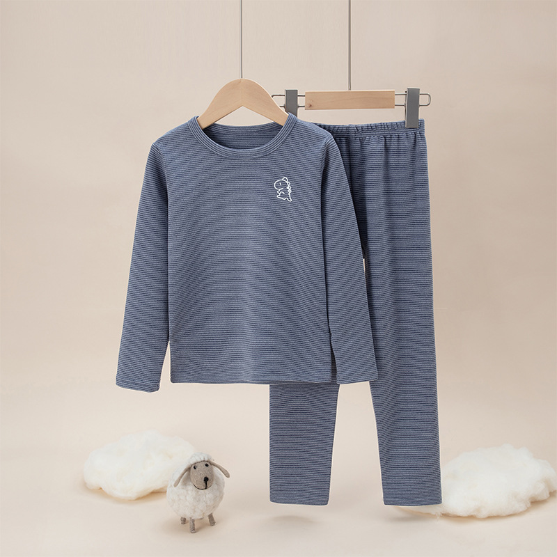Picture of Children's double-sided brushed plush Long Johns boys and girls winter thermal underwear suit mid-collar bottoming striped pajamas
