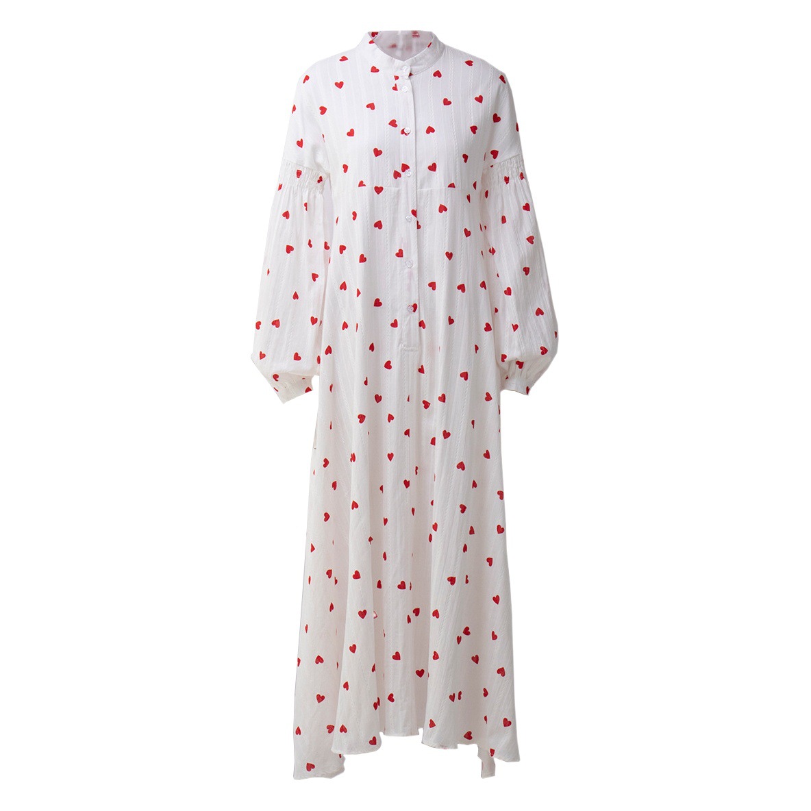Cross-Border Heart Print Dress for Women European and American 2025 Spring and Summer Splicing Long Lantern Sleeve Pure Cotton Full Hem Dress