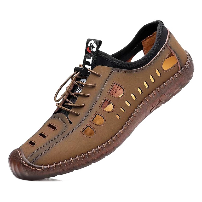 2025 Sandals Men's New Summer Style Tendon Bottom Online Casual Hollow Breathable Leather Shoes Non-Slip Soft Bottom One Piece