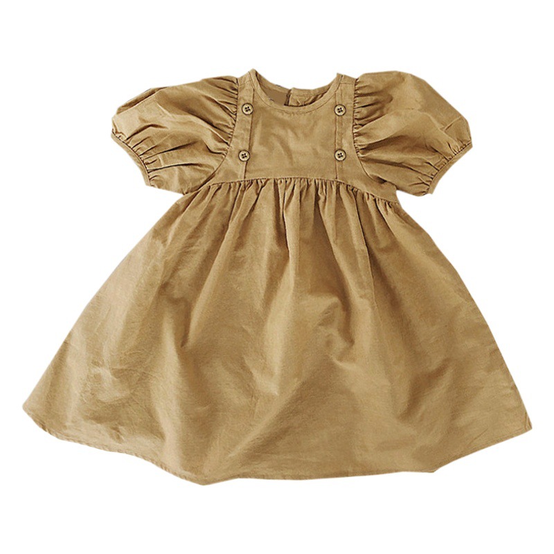Children's dress summer fashionable children's clothing girls' Korean style solid color retro high waist puff sleeve large swing princess dress