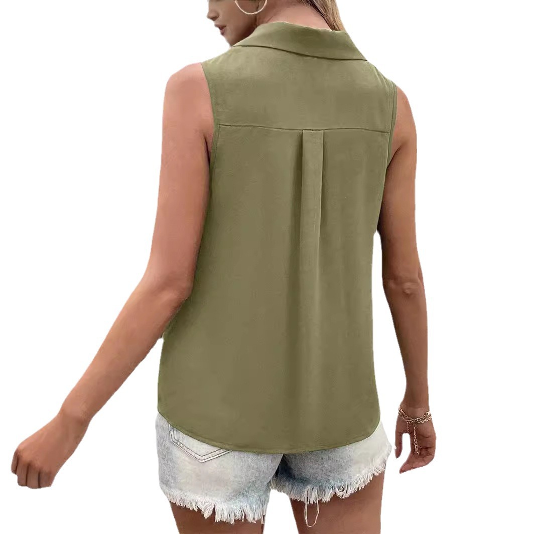 Picture of 2025 European and American Cross-Border Summer New Women's Clothing Pure Color V Neck Loose Chiffon Shirt Sleeveless Twist Button Vest Shirt for Women